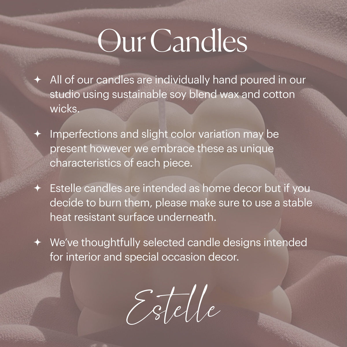 Carte d'information Estelle sur les bougies, texte en anglais