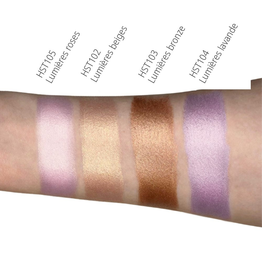 Nuancier des quatre teintes de l'illuminateur : Lumières roses, Lumières beiges, Lumières bronze, Lumières lavande