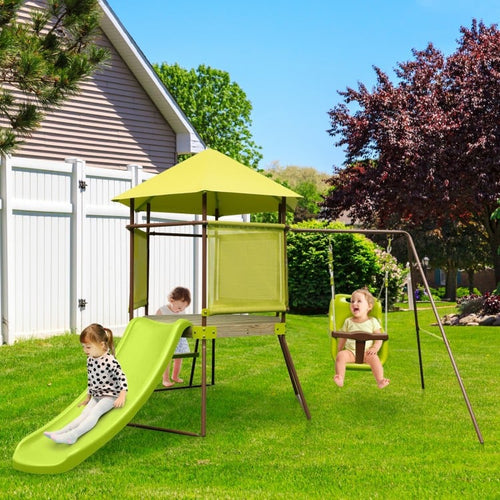 Balançoire 4-en-1 avec maisonnette couverte et siège bébé ajustable