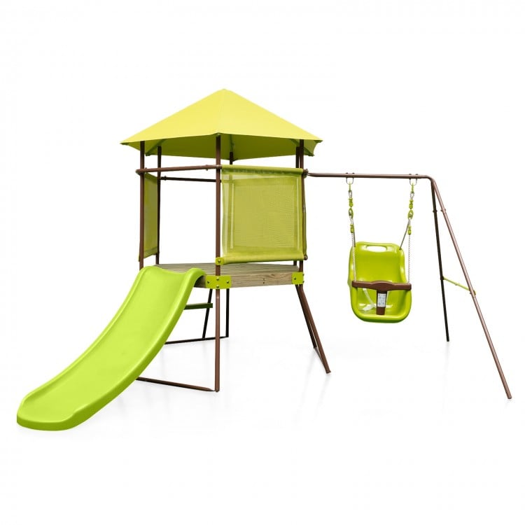 Balançoire 4-en-1 avec maisonnette couverte et siège bébé ajustable