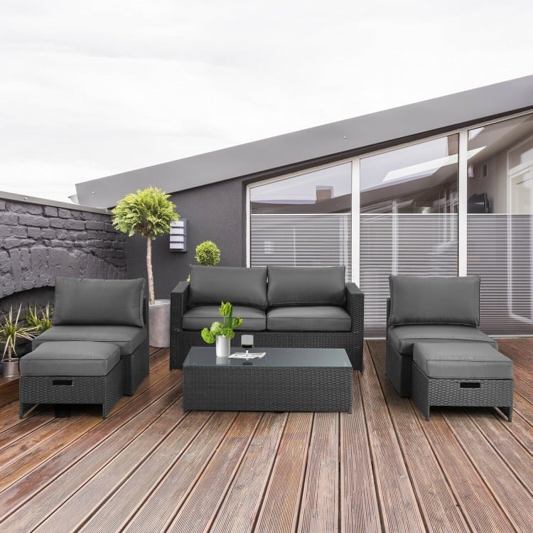Salon de jardin 6 pièces en rotin avec table en verre et coussins