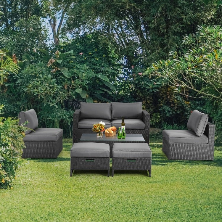 Salon de jardin 6 pièces en rotin avec table en verre et coussins