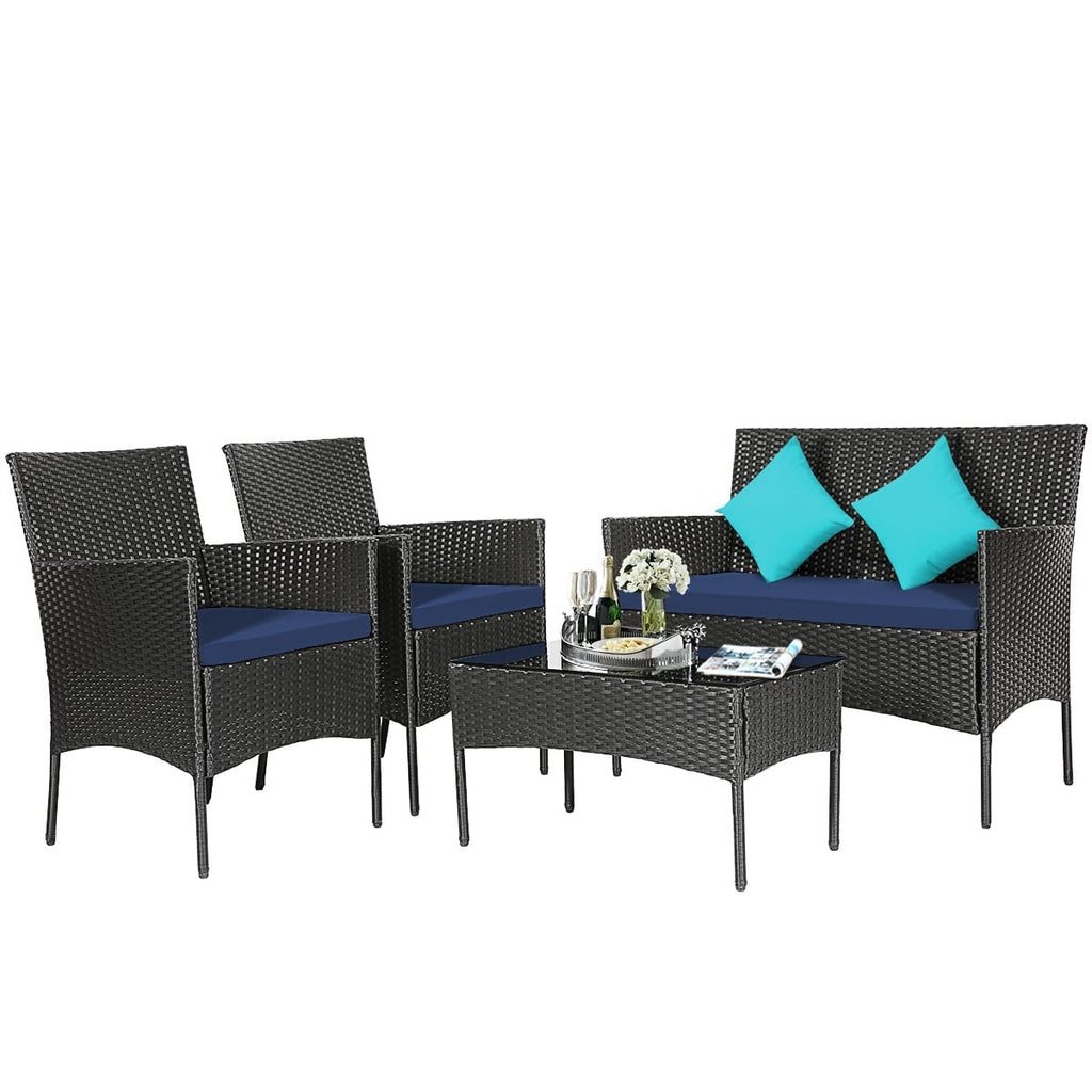 Ensemble de mobilier de patio 4 pièces en rotin – canapé avec coussins et table basse en verre trempé