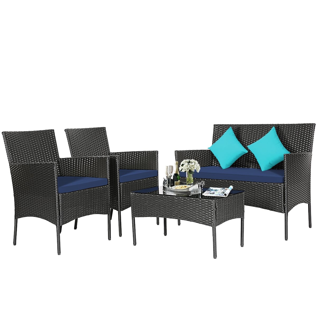 Ensemble de mobilier de patio 4 pièces en rotin – canapé avec coussins et table basse en verre trempé