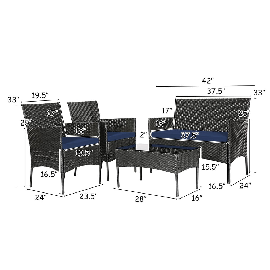 Ensemble de mobilier de patio 4 pièces en rotin – canapé avec coussins et table basse en verre trempé