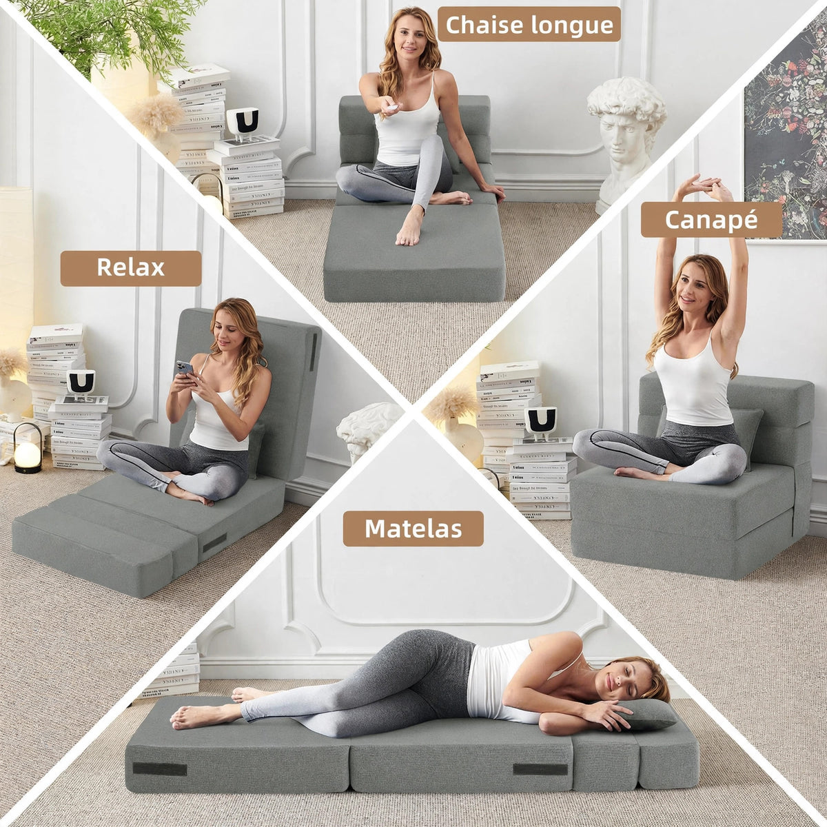 Fauteuil-lit convertible pliant – Canapé dormeur 3-en-1 avec oreiller, tissu lin, gris clair