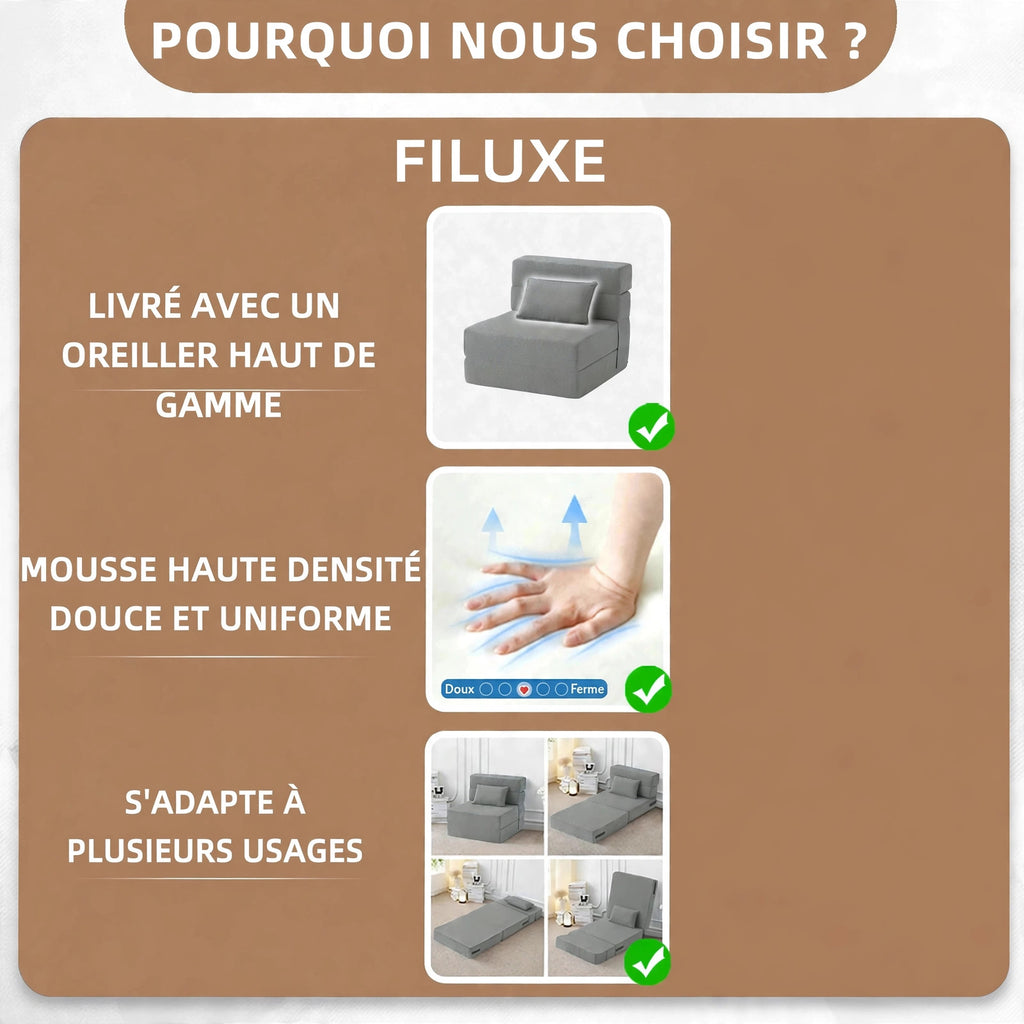 Fauteuil-lit convertible pliant – Canapé dormeur 3-en-1 avec oreiller, tissu lin, gris clair