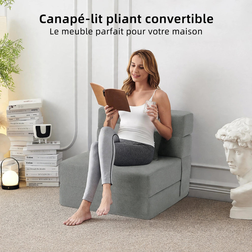 Fauteuil-lit convertible pliant – Canapé dormeur 3-en-1 avec oreiller, tissu lin, gris clair