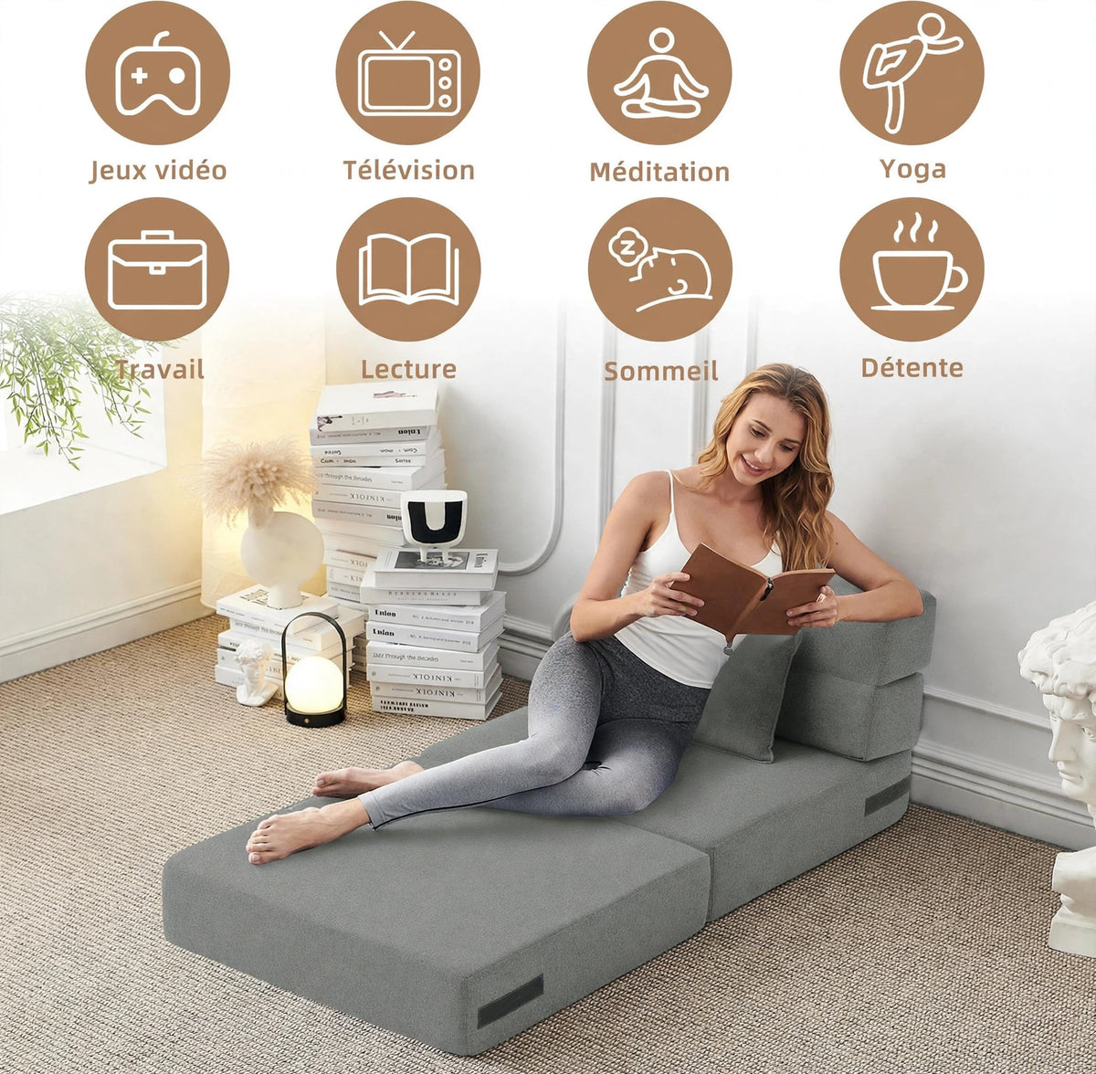 Fauteuil-lit convertible pliant – Canapé dormeur 3-en-1 avec oreiller, tissu lin, gris clair