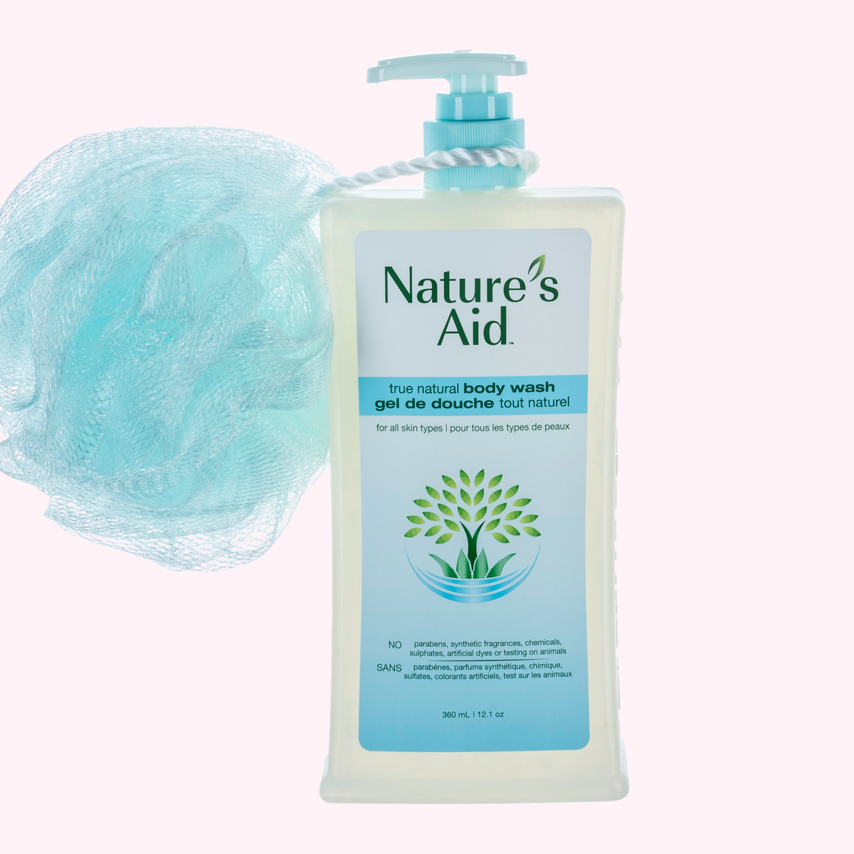 Bouteille de gel douche Nature's Aid avec pompe et éponge de bain bleue