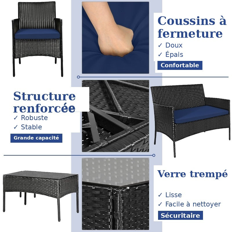 Ensemble de mobilier de patio 4 pièces en rotin – canapé avec coussins et table basse en verre trempé