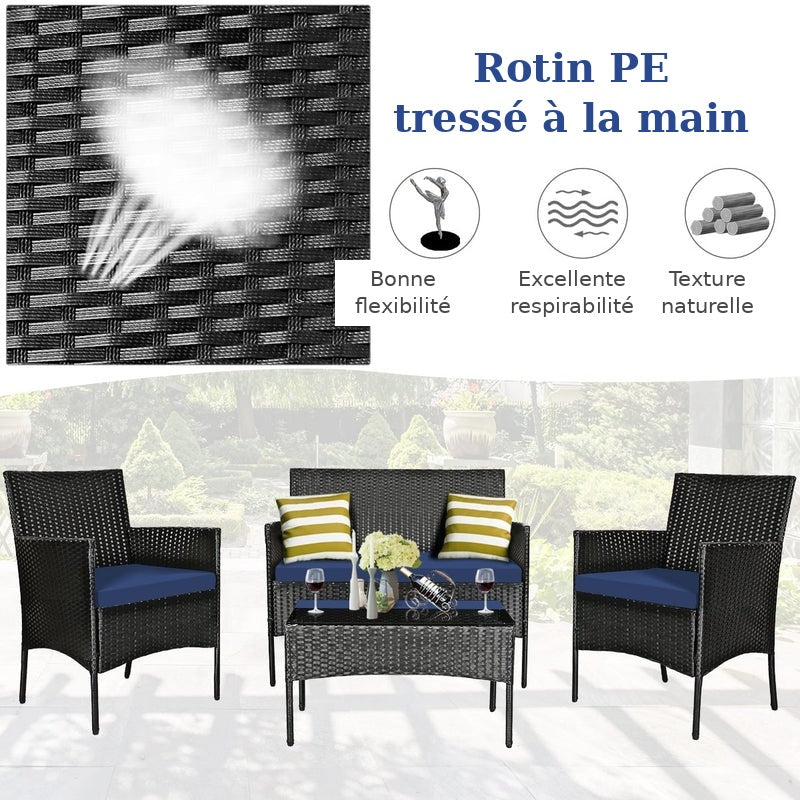 Ensemble de mobilier de patio 4 pièces en rotin – canapé avec coussins et table basse en verre trempé