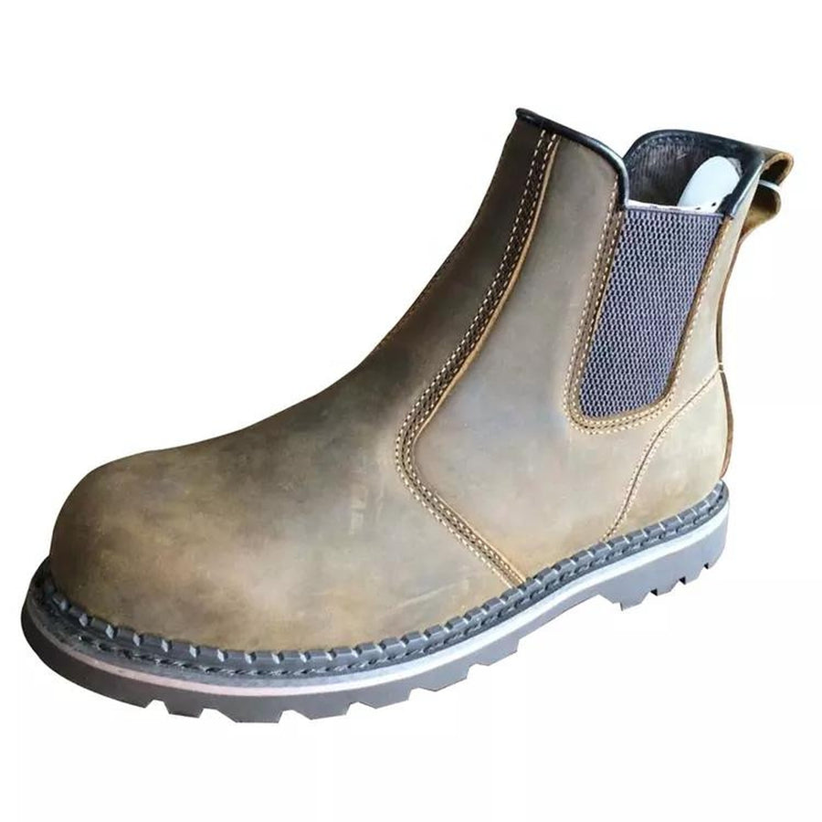 Chaussure de sécurité marron en cuir sans lacets, vue de côté