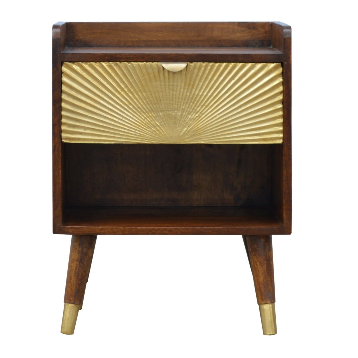 Table de chevet Manila Gold en bois de manguier massif, 1 tiroir plaqué laiton, fini châtaigne