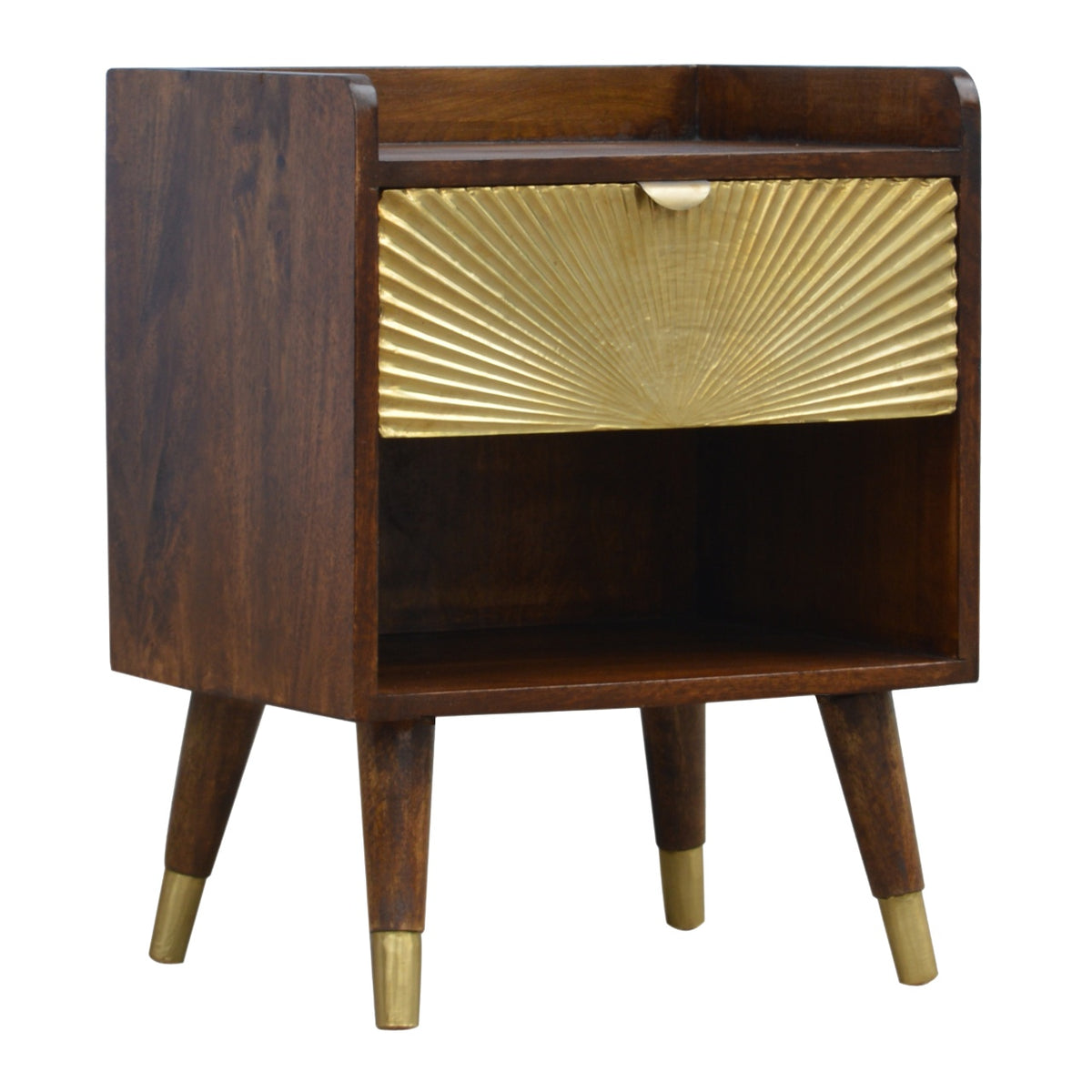 Table de chevet Manila Gold en bois de manguier massif, 1 tiroir plaqué laiton, fini châtaigne