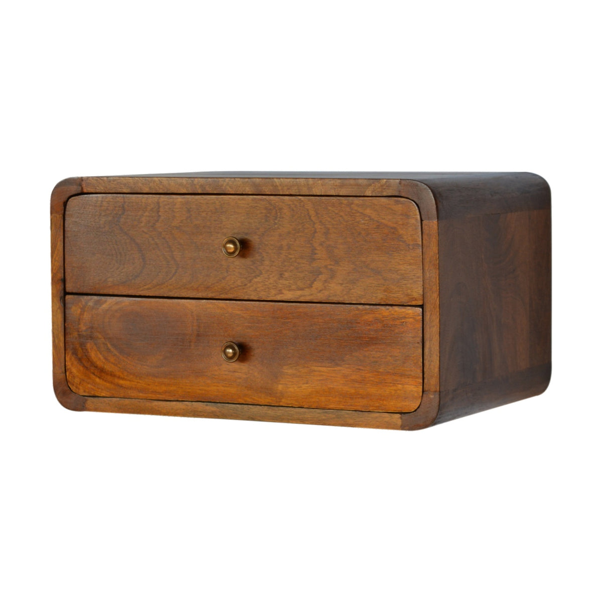 Table de chevet murale flottante châtaigne en bois de manguier massif, 2 tiroirs