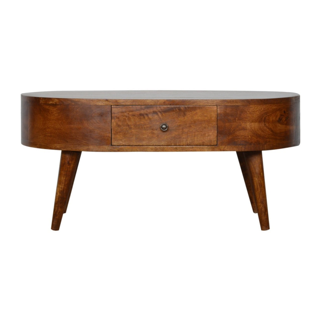 Table basse arrondie châtaigne en bois de manguier massif, 2 tiroirs