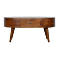 Table basse arrondie châtaigne en bois de manguier massif, 2 tiroirs