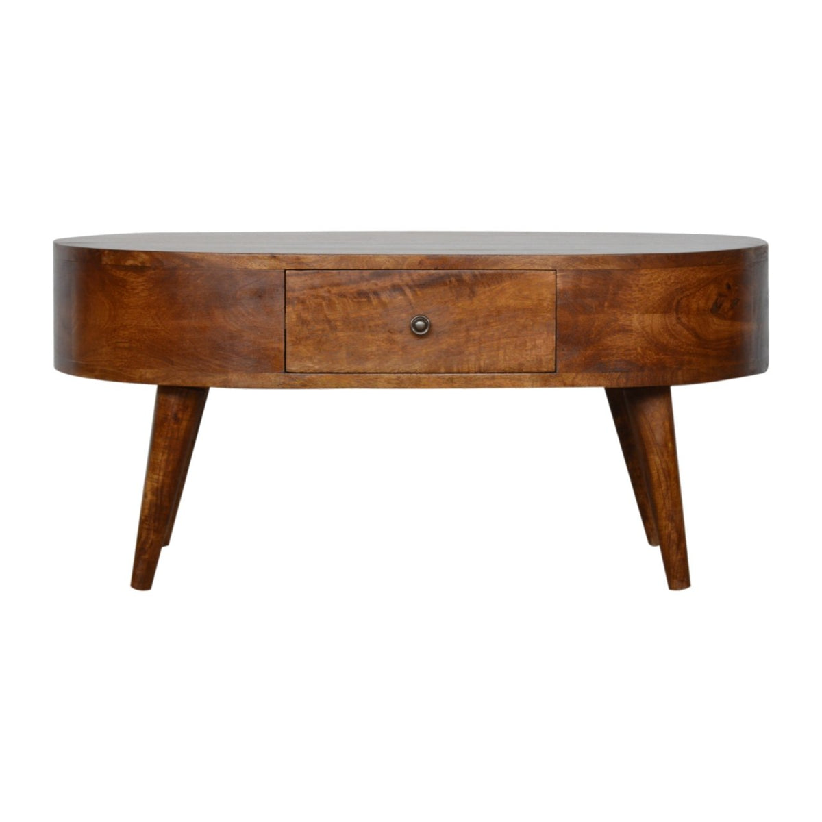 Table basse arrondie châtaigne en bois de manguier massif, 2 tiroirs