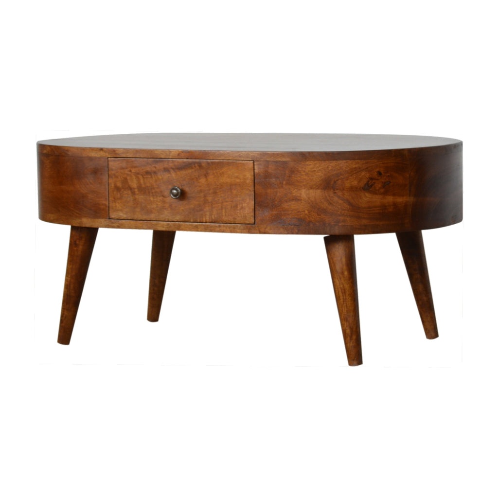 Table basse arrondie châtaigne en bois de manguier massif, 2 tiroirs
