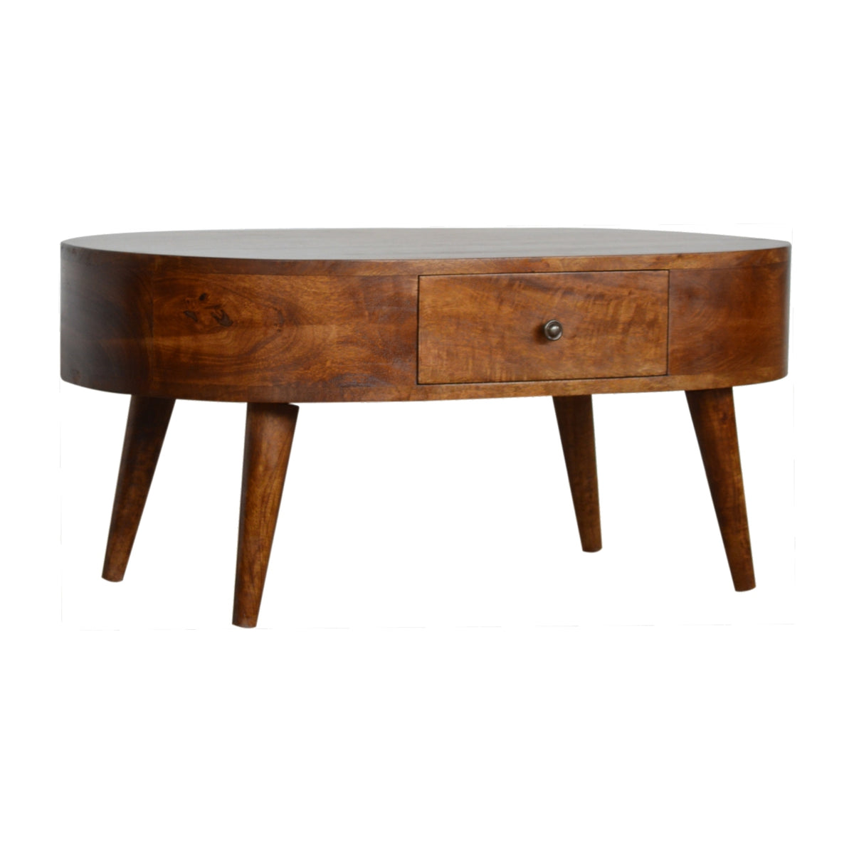 Table basse arrondie châtaigne en bois de manguier massif, 2 tiroirs