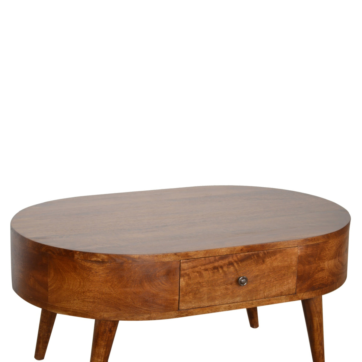 Table basse arrondie châtaigne en bois de manguier massif, 2 tiroirs