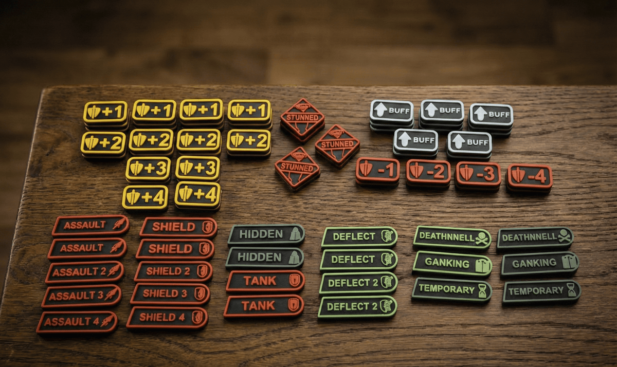 Jetons Riftbound TCG – Ensemble de 48 pièces (Renforcé, Buff, Étourdi) avec étui – Non officiel