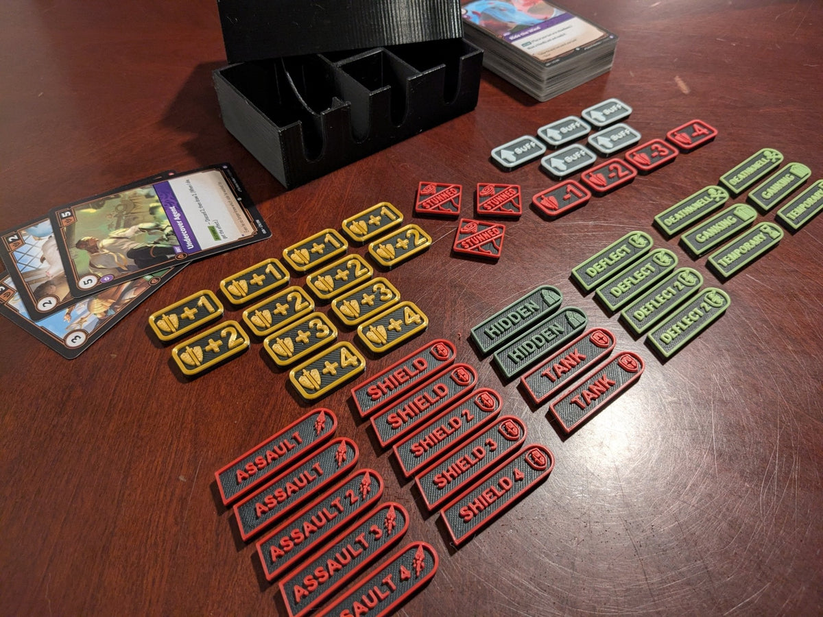 Jetons Riftbound TCG – Ensemble de 48 pièces (Renforcé, Buff, Étourdi) avec étui – Non officiel