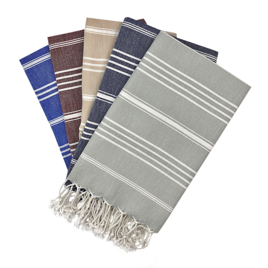 Cinq essuie-mains turcs à rayures et franges : bleu, bordeaux, beige, marine et gris