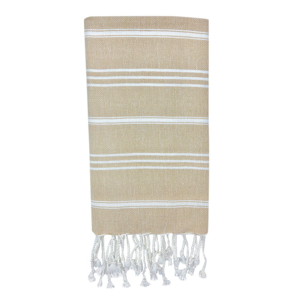 Essuie-mains turc beige à rayures blanches et franges