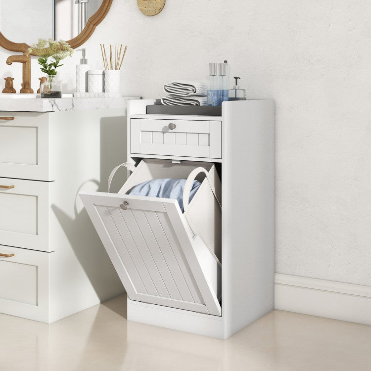 Meuble salle de bain avec panier à linge basculant et tiroir