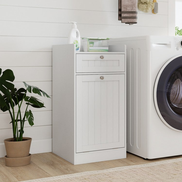 Meuble salle de bain avec panier à linge basculant et tiroir