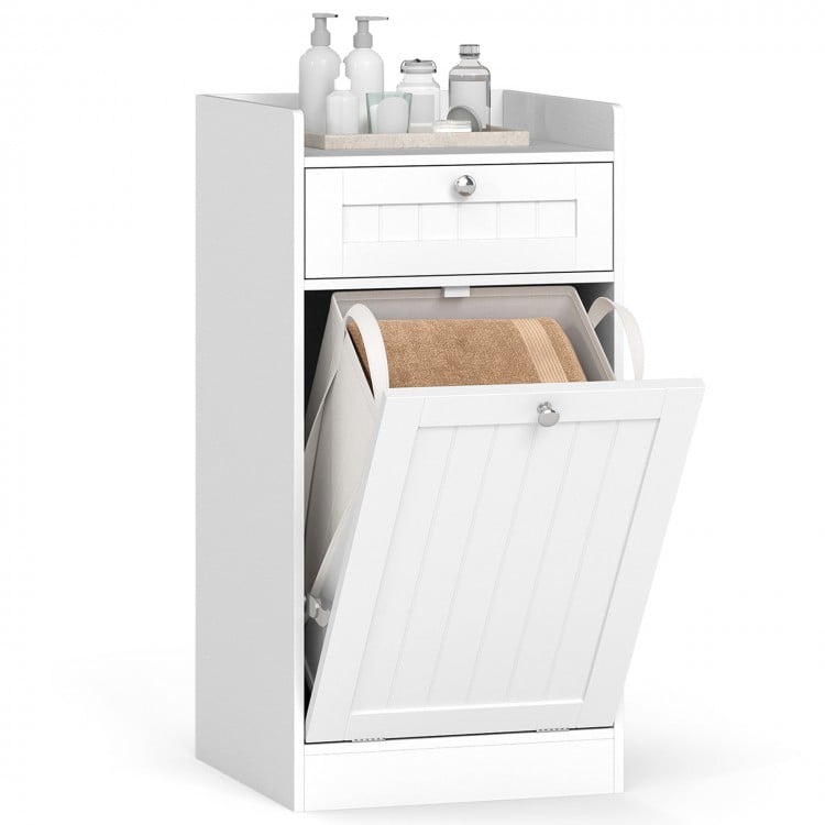 Meuble salle de bain avec panier à linge basculant et tiroir
