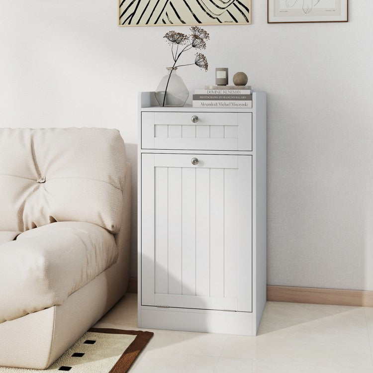 Meuble salle de bain avec panier à linge basculant et tiroir