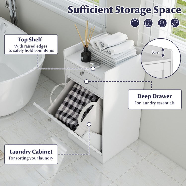Meuble salle de bain avec panier à linge basculant et tiroir